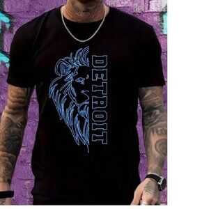 Mens Detroit Lions T-Shirt XL Detroit Lion Face NFL Football Black Short Sleeve